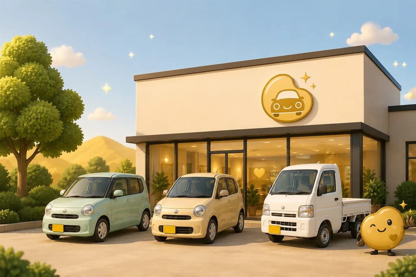 Goldie Bean dealership lot with three small cars and Goldie waving